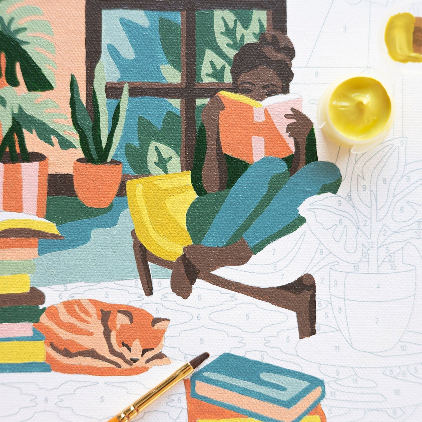 Illustration of a person reading a book in a cozy room with plants and a cat.