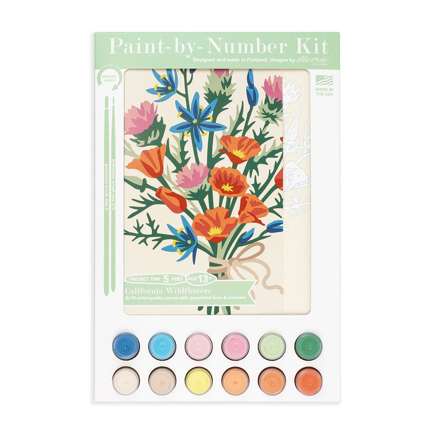 Paint-by-number kit with floral design and color swatches on a white background