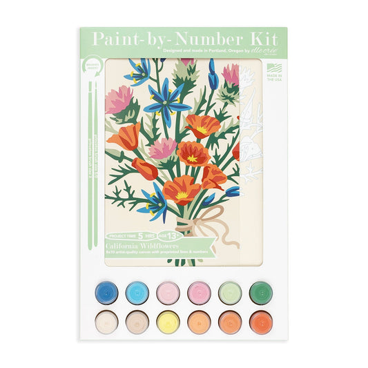 Paint-by-number kit with floral design and color swatches on a white background